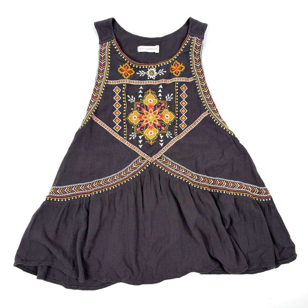 Coco + Jaimeson Embroidered Tank Top Womens Sz‎ L Gray Orange Flowy Trapeze Boho